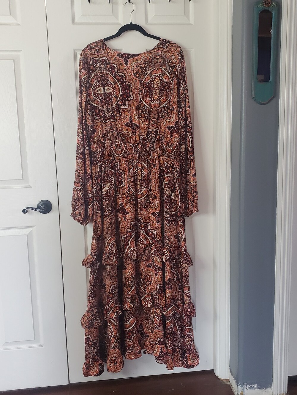 Wrangler Retro Bohemian Maxi Dress Paisley Peasant Western Ruffled XXL Brown - Picture 5 of 13